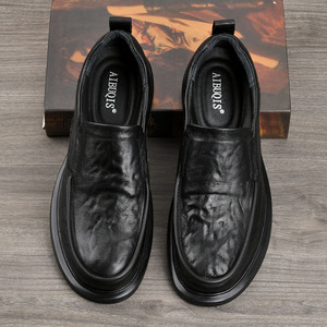 Mocassins pour hommes en cuir véritable à enfiler, bout rond, semelle extérieure en caoutchouc, confortables, pour le bureau et la carrière, toutes saisons, couleur unie, chaussures habillées - Product Image 2