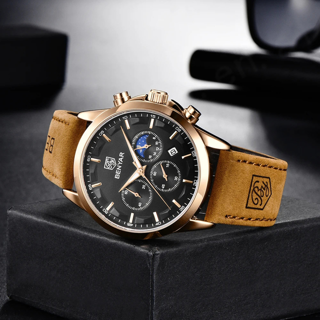 BENYAR Citizen Movement Stainless Steel Chronograph Quartz Dial Men's Business Sport Luxury Watch 30M Waterproof