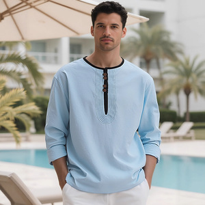T-shirt à manches longues en lin uni pour homme, col Henley, coupe ample, respirant, décontracté, pour les loisirs - Product Image 2