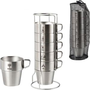 Double Coffee Cup Stackable Stainless Steel Camping Cup Mini Cup with Base <b>Bracket</b> - Product Image 1