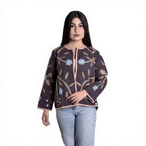 Chaqueta Elegante con Bordado Floral para Fiesta, Mangas Farol, Cuello Redondo, Cierre de Cremallera, Top de Poliéster Tejido para Mujer, Primavera - Product Image 1