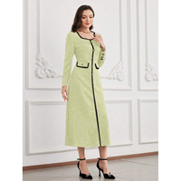 Fabricant OEM ODM sur mesure, Robe longue en tweed vert pour femme, col carré, manches longues, bordure tressée, coupe trapèze, pour soirée, hiver, logo personnalisé