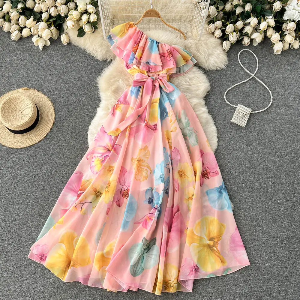 Neue unregelmäßige schräge Schulter Chiffon Blumen langes Kleid Vestidos Frauen Elegante Sommer Freizeit kleider