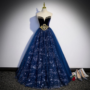 Blue Off The Shoulder Ball Gown Empire Waist Royal Blue Tulle Sparkle Evening Dress For Formal Events - Product Image 2