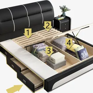 YQ JENMW lit en cuir doux au design moderne et simple, lit double king size confortable avec boîte de rangement