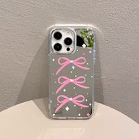 Étui de téléphone simple et luxueux avec nœud rose trois-en-un et miroir, compatible avec les modèles iPhone 12, 13, 14, 15, 16 et 17.