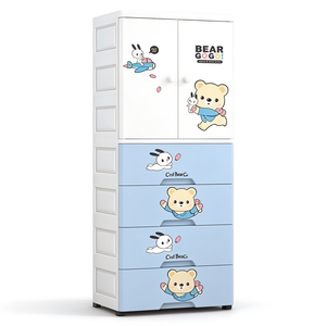 Armoire pour enfants en plastique PP motif ours et lapin, 57,5x35,5x148CM, armoire bébé avec porte et tiroirs de rangement, vente en gros - Product Image 1