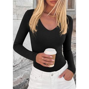 Body de Manga Larga con Cuello en V para Mujer FOXA, Ajustado, Básico, Informal, para Otoño, Tejido Suave - Product Image 6