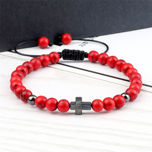 Grosir murah 6MM Semi berharga tali peregangan perhiasan pirus manik-manik Kristen buatan tangan dapat disesuaikan gelang Salib Pria - Product Image 4