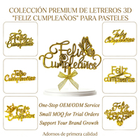 Décoration de gâteau 3D en plastique « Feliz Cumpleaños » personnalisable OEM pour table de desserts de fête d'anniversaire espagnole