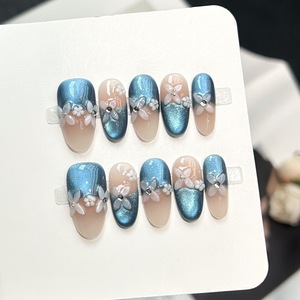 10 pièces de faux ongles à presser faits main, motif fleur rose, effet œil de chat, en gel peint, magnifiques, de luxe, design personnalisé, faits à la main - Product Image 1