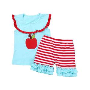 Vêtements pour bébé, haut en coton uni avec applique et volants sur la poitrine, short à volants, tenue pour filles pour la rentrée scolaire - Product Image 3
