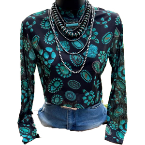 <strong>Turquoise</strong> Squash Blossom Mesh Layering <strong>Top</strong> Womens Cow Print Mesh Sheer Long Sleeve <strong>Top</strong> Custom <strong>Turquoise</strong> Mesh <strong>Top</strong> - Product Image 1