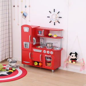 Cuisine d'imitation classique vintage en bois pour enfants avec machine à glaçons, téléphone, robinet, évier, brûleur et four - Rouge - Product Image 1