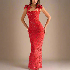 Elegant <b>Red</b> Lace Bodycon Long <b>Dress</b> With Bow Shoulders U-Neck Cut-Out Design For <b>Wedding</b> Events - Product Image 1