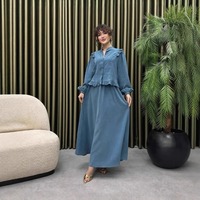 Set 2 Potong Warna Biru Debu Musim Gugur 2026 Grosir, Blus Kerah Mandarin Berumbai dan Rok Maxi A-Line yang Mengembang, Elegan untuk Wanita