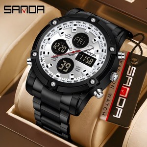 SANDA 3394 นาฬิกาข้อมือผู้ชายมัลติฟังก์ชั่นคุณภาพสูง, นาฬิกาดิจิตอลกันน้ำหน้าปัดขนาดใหญ่แบบการเคลื่อนที่คู่พร้อมสายเหล็ก - Product Image 2