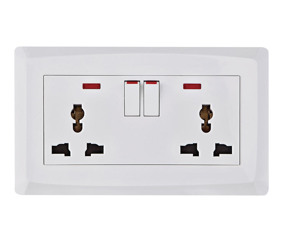 VNX Switches and Socket 2 Wall Switch UK Standard 16A 6Pin Socket With Neon