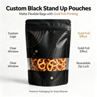 Sachets Doypack Personnalisés Noir Mat avec Fenêtre Transparente, Fermeture Zip Refermable et Dorure à Chaud pour Snacks