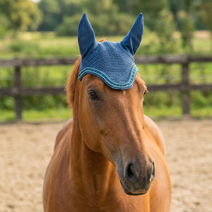 Voile anti-mouches pour cheval bleu en crochet, rembourré, confortable, de haute qualité, avec cache-oreilles assortis, bordure scintillante discrète, fait main, équestre - Product Image 3
