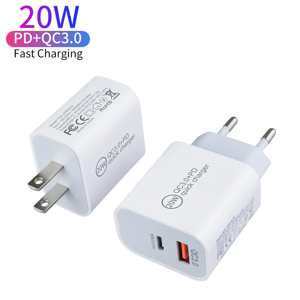 Dual Ports QC3.0 PD 20W Fast Charging USB-C Power Adapter EU US Plug Wall Charger USB C Charger 20W for Apple iPhone 12 13