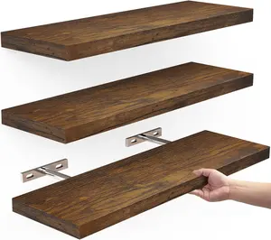 Set von 2 Classic Natural Solid Wood Wall Shelf Hanging Storage Furniture Metal Mounted Wall Floating Shelves