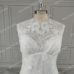 100% vraies Photos bohême balayage Train sans manches sirène dentelle robe de mariée col rond Appliques robe de mariée pour les femmes sur mesure - Product Image 2