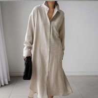 Gaun Kemeja Wanita Warna Beige Kerah Lapel Kancing Depan Lengan Panjang Longgar Model Maxi Blus Belahan Samping Kasual Musim Panas Pakaian Sehari-hari Atasan Wanita