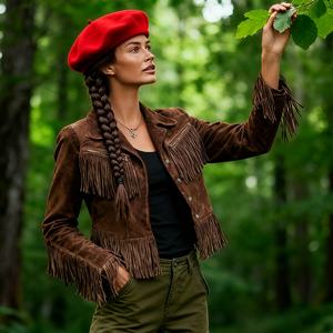 Nouvelle veste en daim à franges, couleur unie, col à revers, coupe courte et ajustée, manteau pour femme, Sehe Fashion - Product Image 4