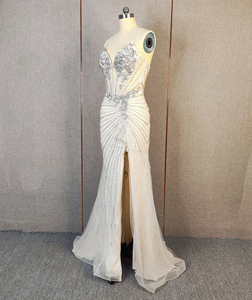 Abito da sera lungo a <span class=keywords><strong>sirena</strong></span> con spacco, spalline sottili, vita naturale, in cristallo plissettato, ecologico, per laurea - Product Image 3