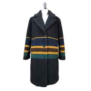 2024 Striped Long Knitted Jacquard Sherpa Fur Coat Women's Autumn Loose Relaxed Button Design Long Coat