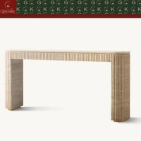 Table d'entrée moderne en travertin GOLDKING, design cannelé en pierre beige, console minimaliste, sur mesure pour la décoration de hall d'entrée de luxe
