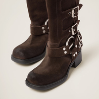Bottes Biker Mi-Mollet en Cuir Véritable et Daim à Talon Carré avec Sangle Multi-Boucles Vente en Gros OEM ODM