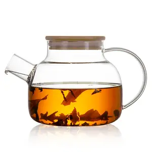 Thickened High Temperature Resistant Glass Household High Value Flower Tea Pot Chinese Style Bamboo Lid Glass Teapot Pitcher