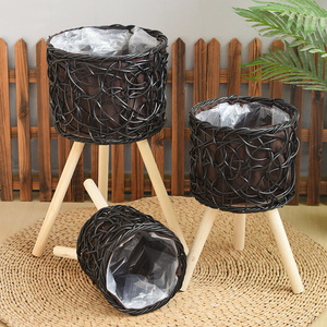 Pot de fleurs tressé avec pieds en bois, support pour plantes d'intérieur, panier en rotin pour plantes vertes, support de sol pour décoration de la maison - Product Image 2