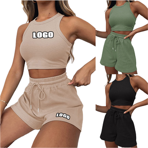 Custom Logo Womens Athletic 2 Piece <b>Crop</b> <b>Top</b> Shorts <b>Set</b> Low MOQ Commercial Grade Breathable Summer Loungewear <b>Set</b> Manufacturer - Product Image 1
