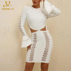 Fabricante de ropa personalizada para mujer, manga larga acampanada, cintura calada con cordones, Color sólido, cuello redondo, camisa, conjunto de falda corta - Product Image 1