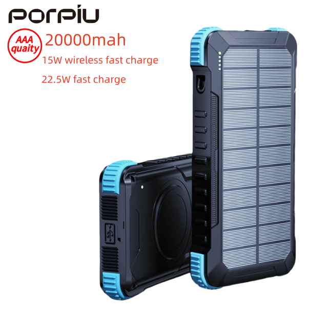 Solar Wireless Power Bank Large Capacity 20000mAh PD22.5W Fast Charging Outdoor Portable Three Proof LED Display Ultra Slim