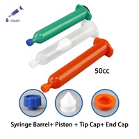 Seringue de distribution industrielle Liscoe 50cc transparente/orange/verte IEI, ensemble complet avec fût, piston, embouts et capuchons, haute précision, PP, garantie 1 an