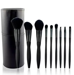 Frosted Gummi Schwarz Schlanke Taille Kunststoff Griff Make-Up Pinsel 9 stück Make-Up Pinsel Set Mit PU Zylinder