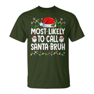 Camiseta de manga corta con estampado digital de cuello redondo unisex para adultos, con la frase 'Most Likely To Call Santa Holiday Superlative' - Product Image 1
