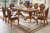 Ensemble table à manger et 8 chaises en bois massif et cuir, style français européen, antique, avec sculptures occidentales, design rectangulaire pour villa et cuisine