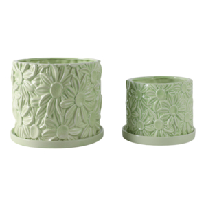 Vaso Decorativo a Forma di Margherita in Ceramica Verde per Piante da Interno ed Esterno con Sottovaso, Set di Due - Product Image 1