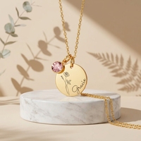 Kalung Liontin Paduan Tembaga Berlapis Emas dengan Ukiran Laser Nama Pribadi, Bunga Ulang Tahun Wanita, Rantai Bambu, Desain Lintas Batas