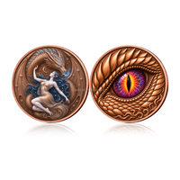 Pièce de monnaie ronde colorée de 2 oz en cuivre fin 999, avec relief 3D, représentant un dragon fantastique et un œil de dragon, créature mythique, pièce de collection