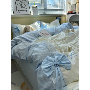 Juego de Ropa de Cama de Algodón Estilo Princesa, 4 Piezas, con Adorno de Lazo y Encaje, Transpirable, para Uso Doméstico, para las Cuatro Estaciones - Product Image 2