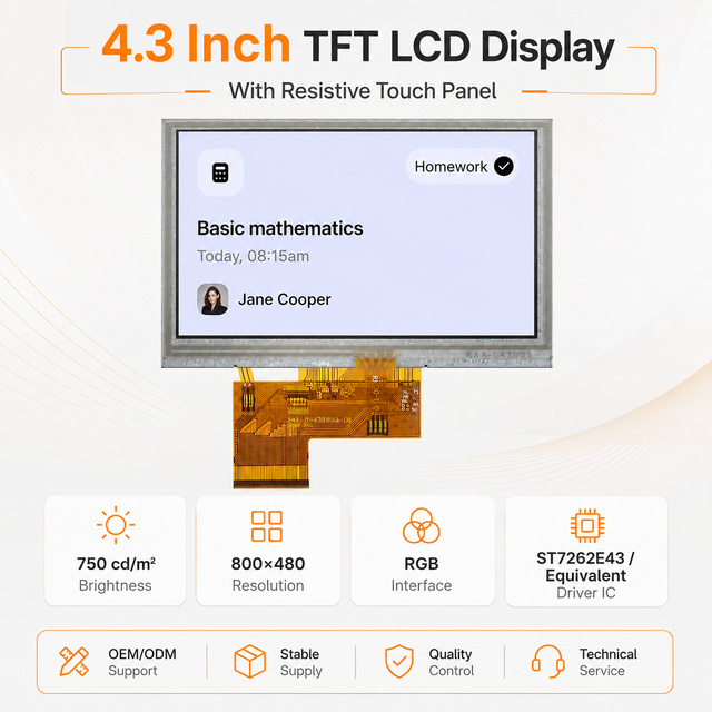 Custom 4.3 Inch TFT LCD Display Module 800x480 RGB Interface 750 Cd/m² Resistive Touch Panel for Industrial HMI
