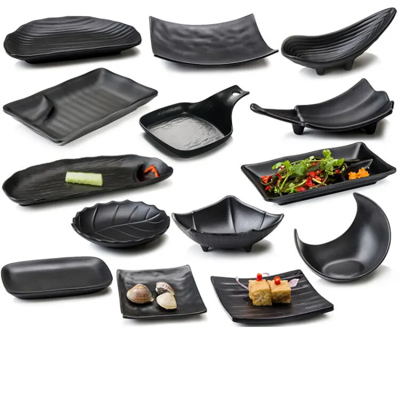 Assiette à dîner pour sushi, 100% assiettes de table en mélamine ensembles de vaisselle carrée assiette en plastique noir