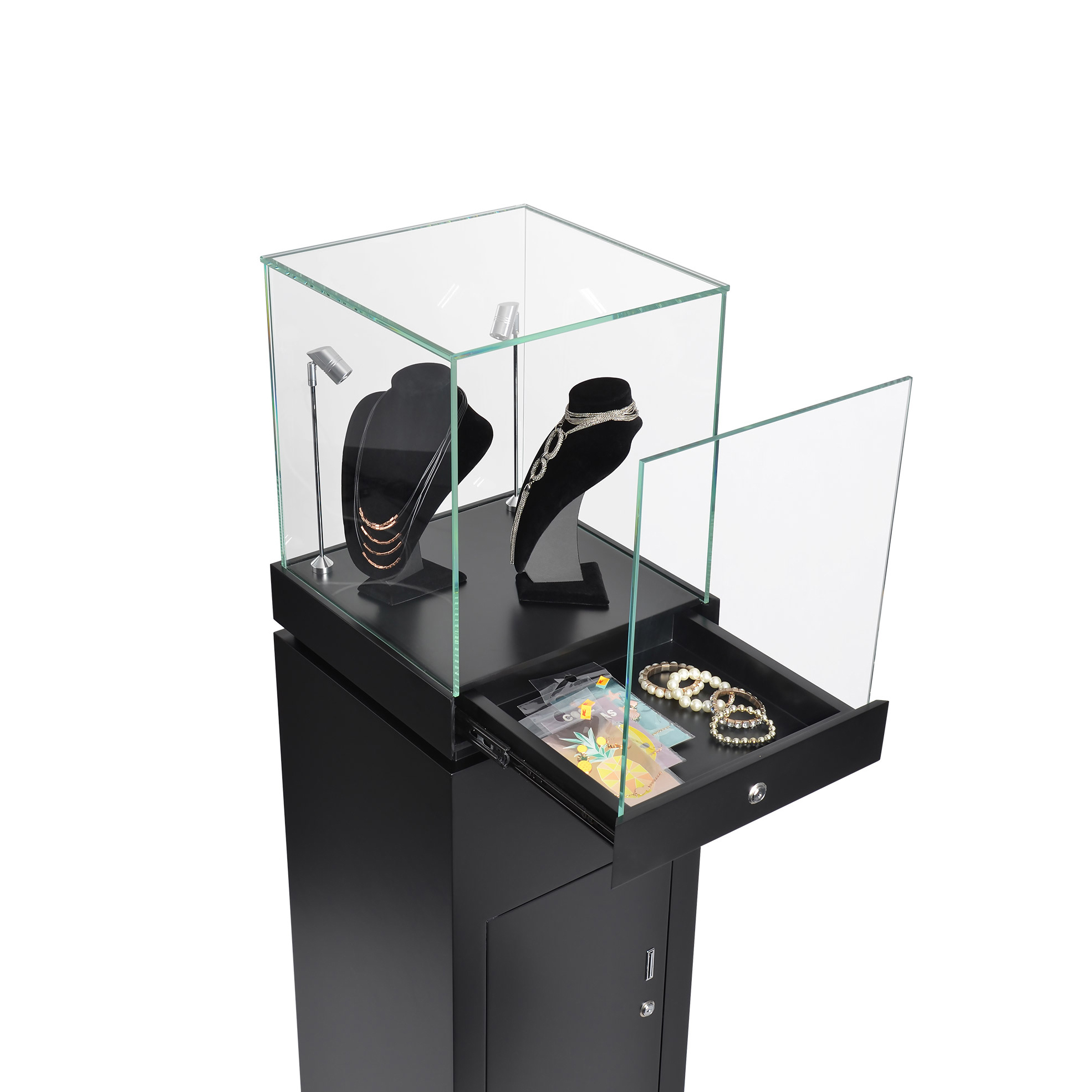 Apache Customized Light Duty Luxury Jewelry Display Case with Lock Floorstanding Four-sided Showcase for High-End Stores Museums — view 4