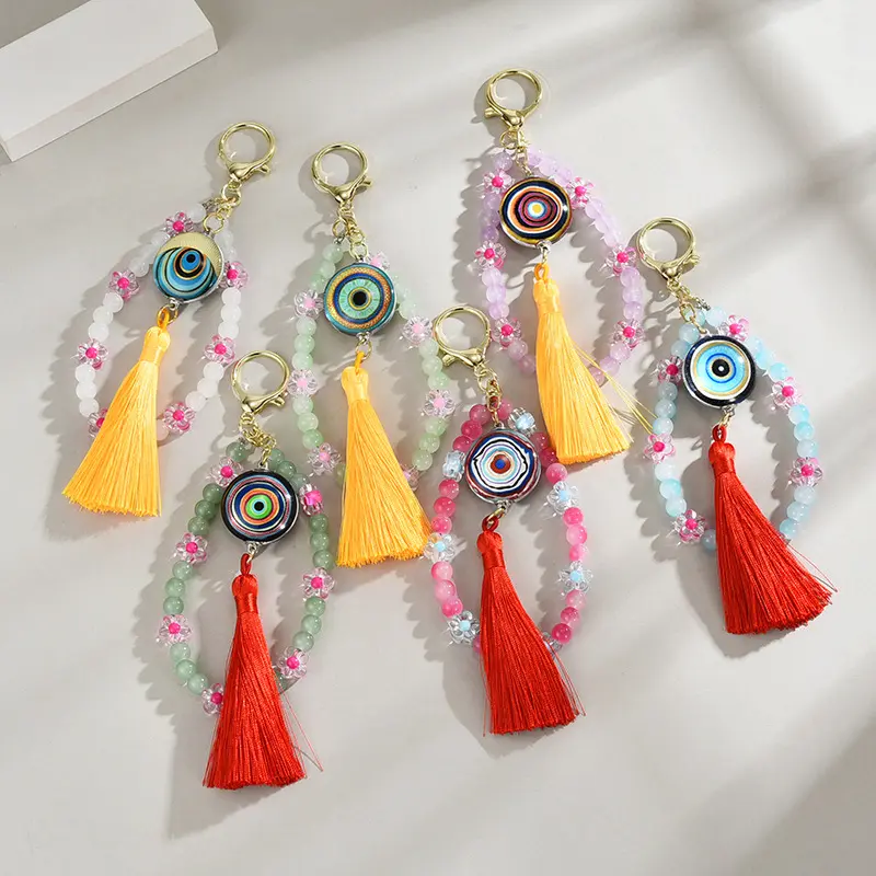 Retro Turkish Evil Eyes Tassel bracelet Keychain Colorful Good Luck Glass Rhinestone Devil Eyes Keyring Car bag purse charms